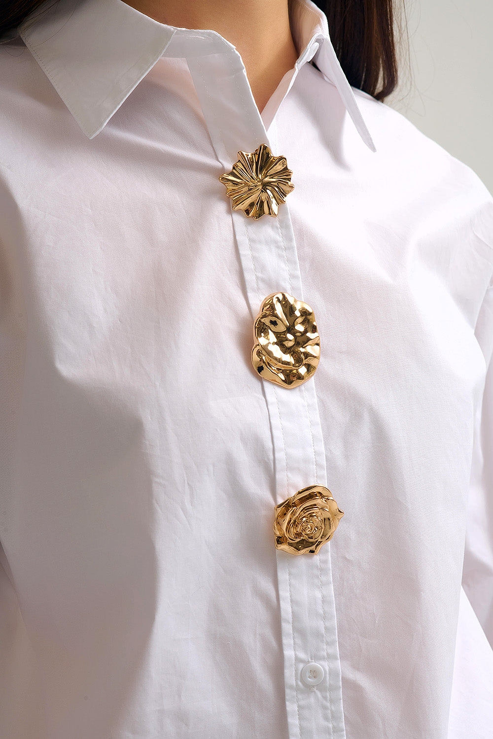 White relaxed poplin Cotton Shirt with Decorative Gold Buttons - Shirts