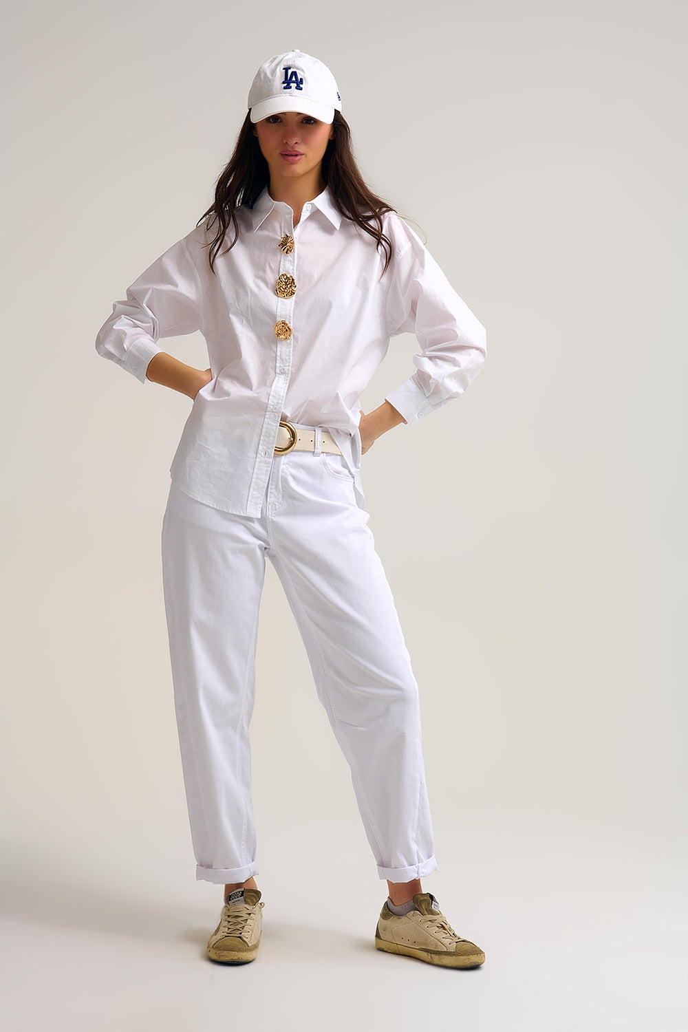 White relaxed poplin Cotton Shirt with Decorative Gold Buttons - Shirts