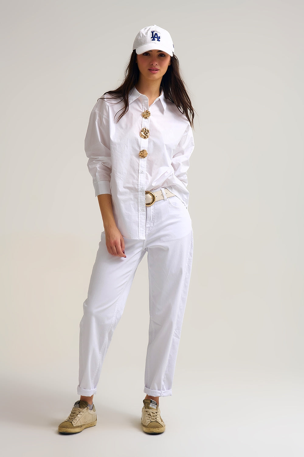 White relaxed poplin Cotton Shirt with Decorative Gold Buttons - Shirts