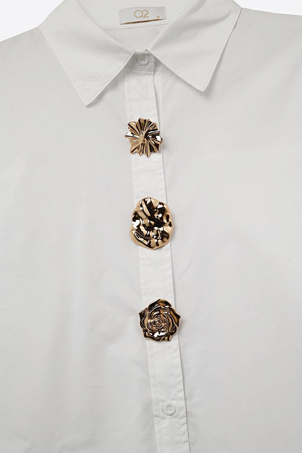 White relaxed poplin Cotton Shirt with Decorative Gold Buttons - Shirts