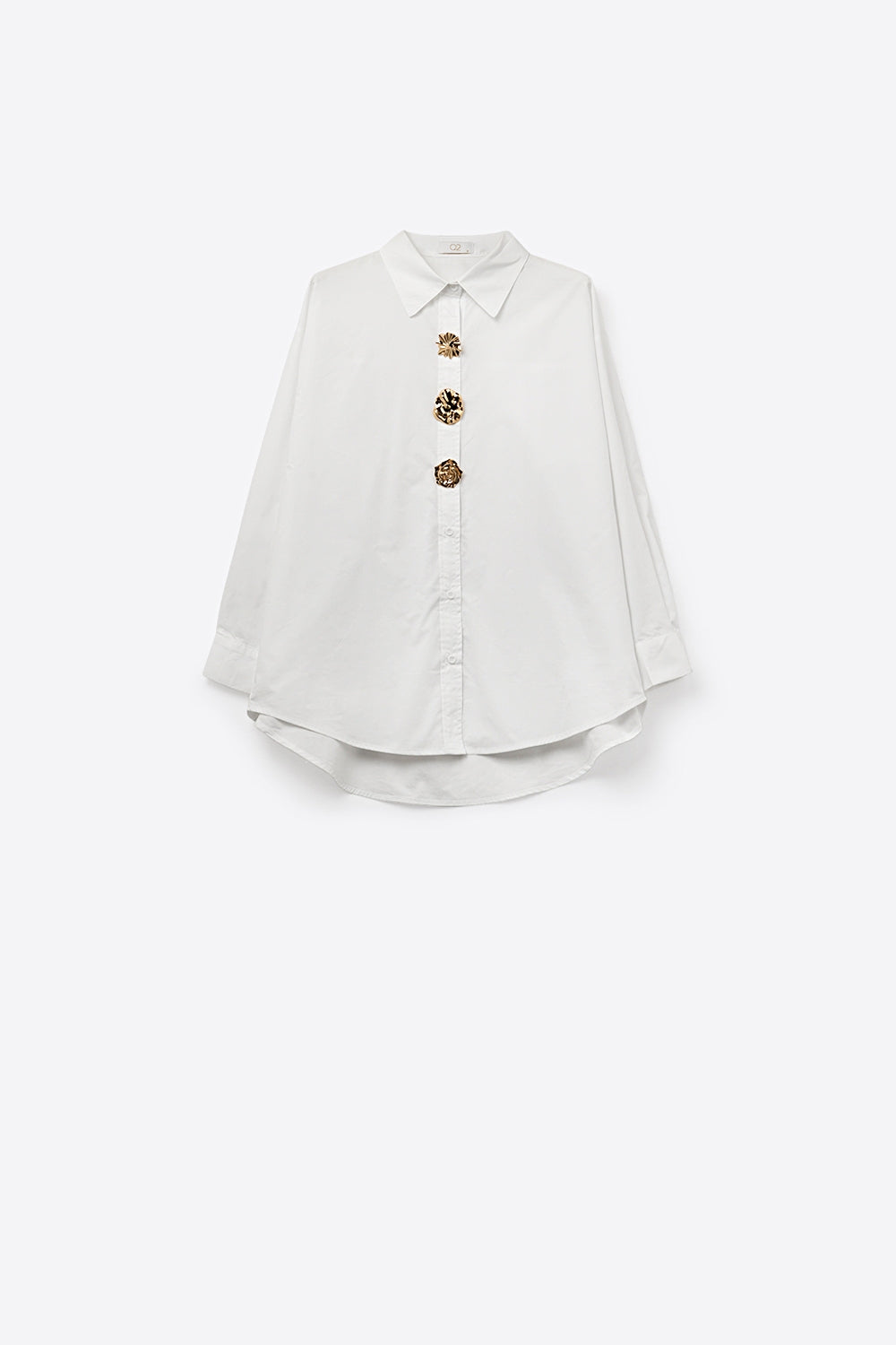 White relaxed poplin Cotton Shirt with Decorative Gold Buttons - Shirts