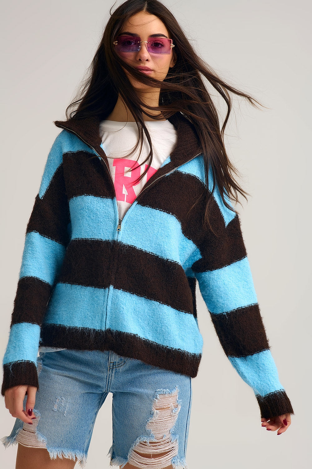 Blue Fluffy Knitted Zip-Up Jacket with Brown Stripes - cardigan