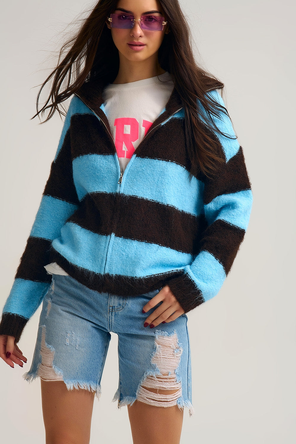 Blue Fluffy Knitted Zip-Up Jacket with Brown Stripes - cardigan