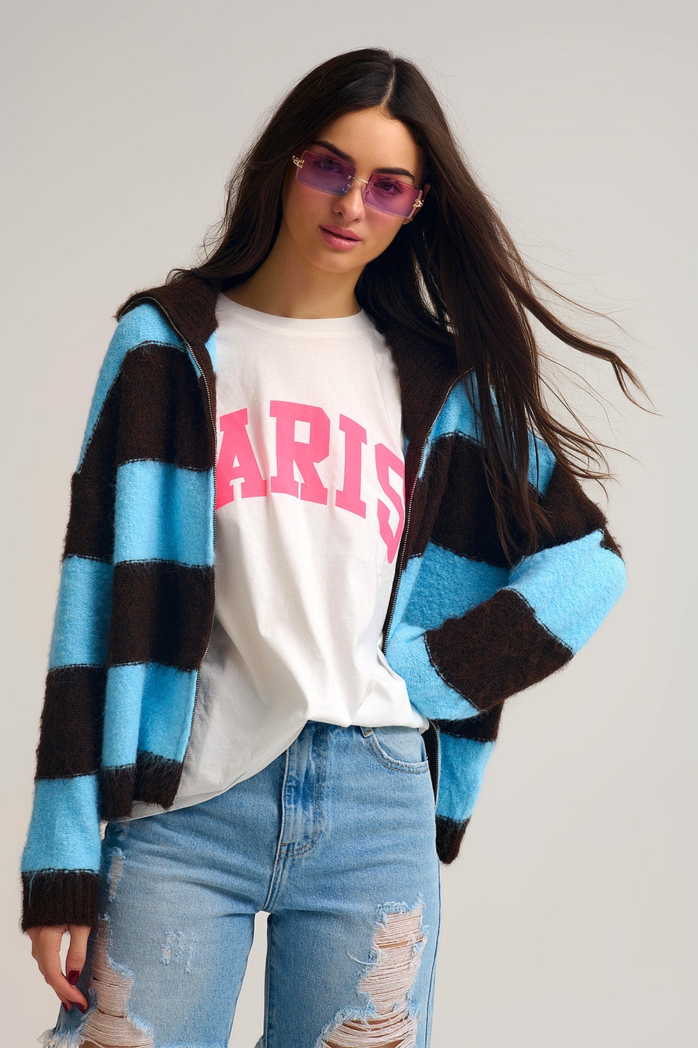 Blue Fluffy Knitted Zip-Up Jacket with Brown Stripes - cardigan