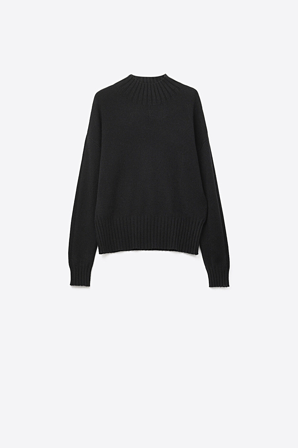 Black soft knit sweater with ribbed cuffs and neck