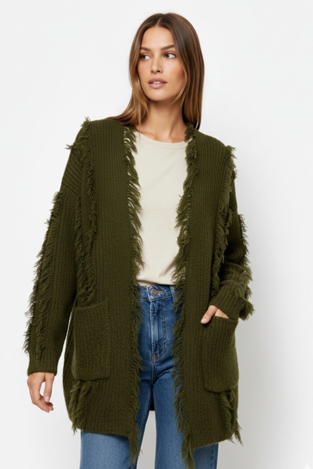 Forest Green Boho Distressed Cardigan With Front Pockets