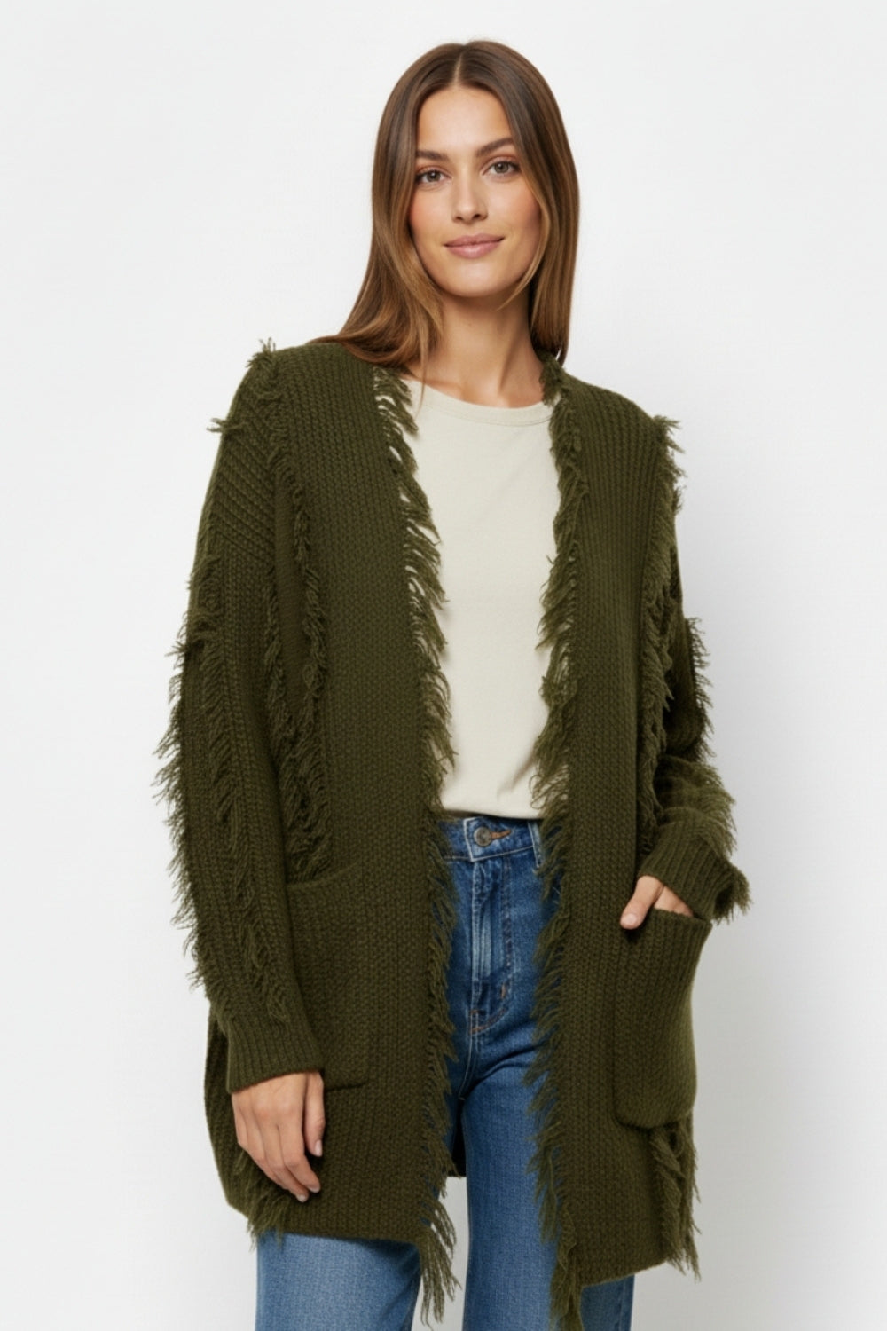 Forest Green Boho Distressed Cardigan With Front Pockets