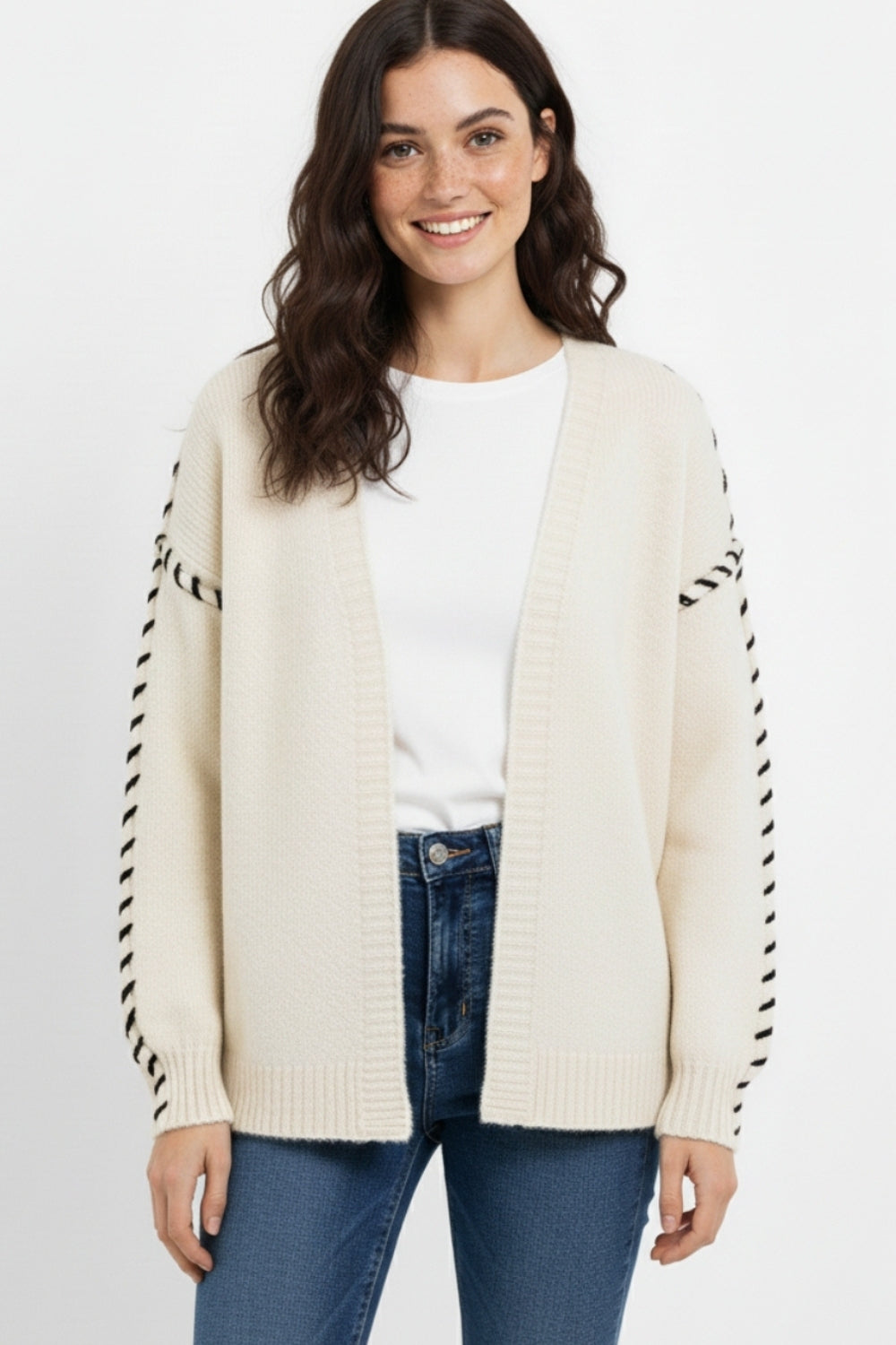 Cream Open Cardigan with Black Trim in chunky knitted