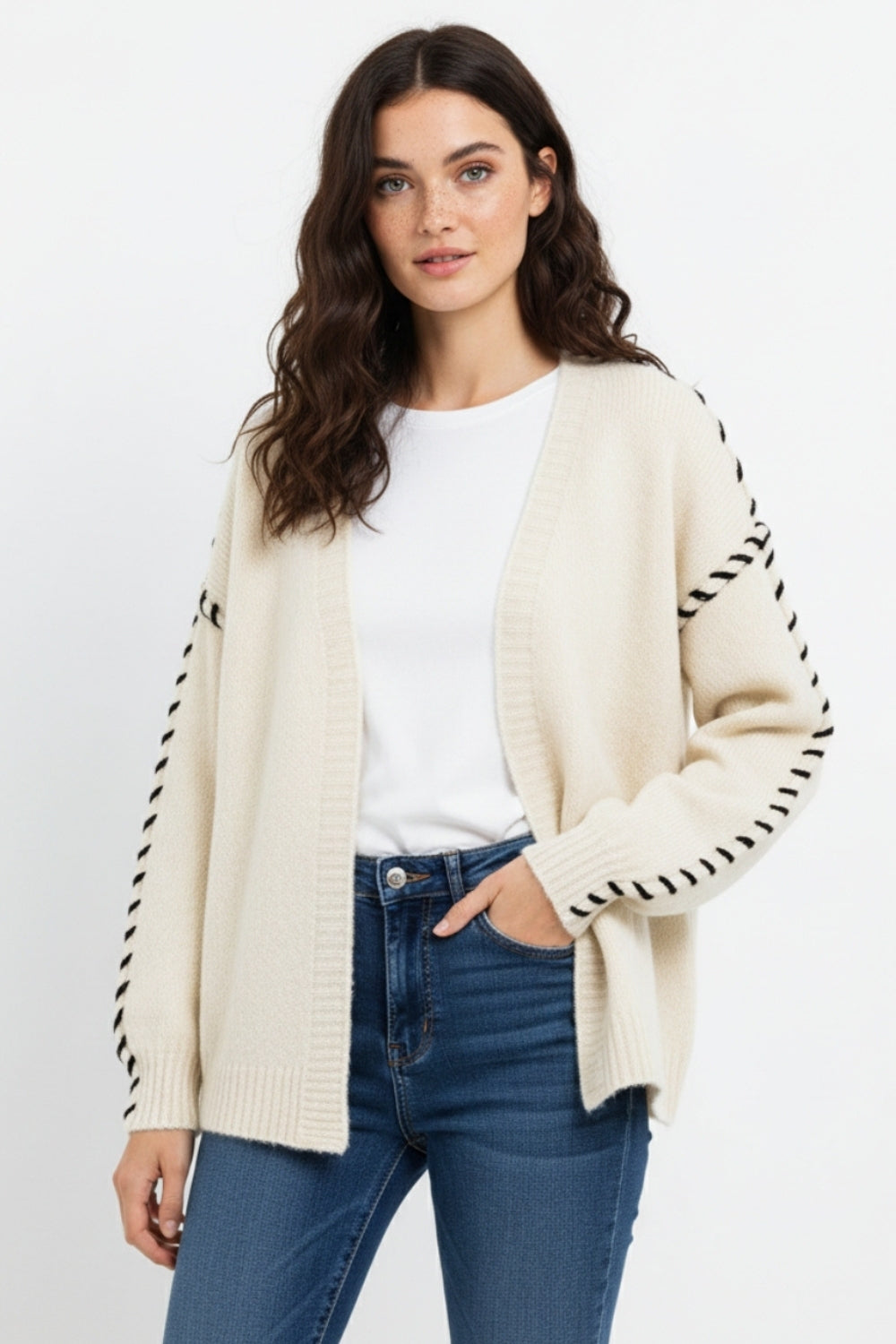 Cream Open Cardigan with Black Trim in chunky knitted