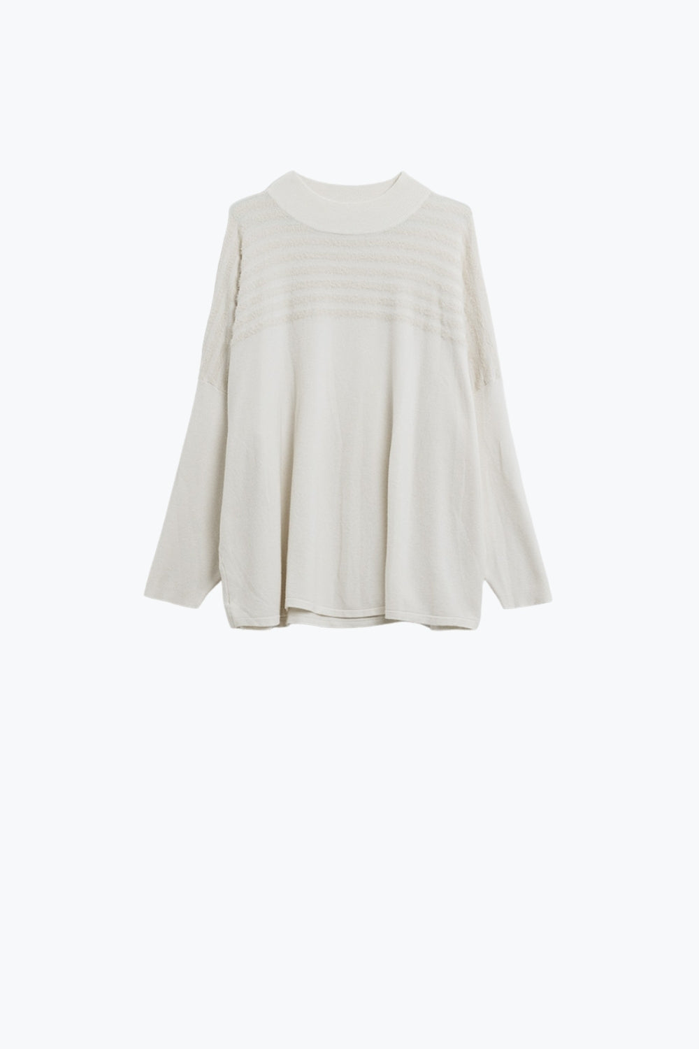 White Knit Sweater with Fluffy Stripe Detail