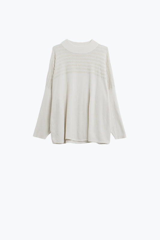 White Knit Sweater with Fluffy Stripe Detail
