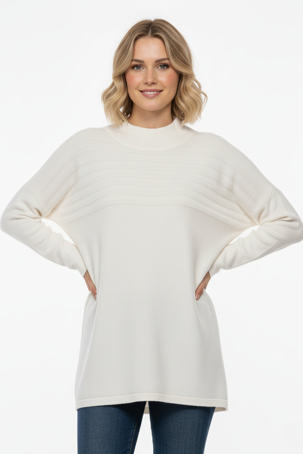 White Knit Sweater with Fluffy Stripe Detail