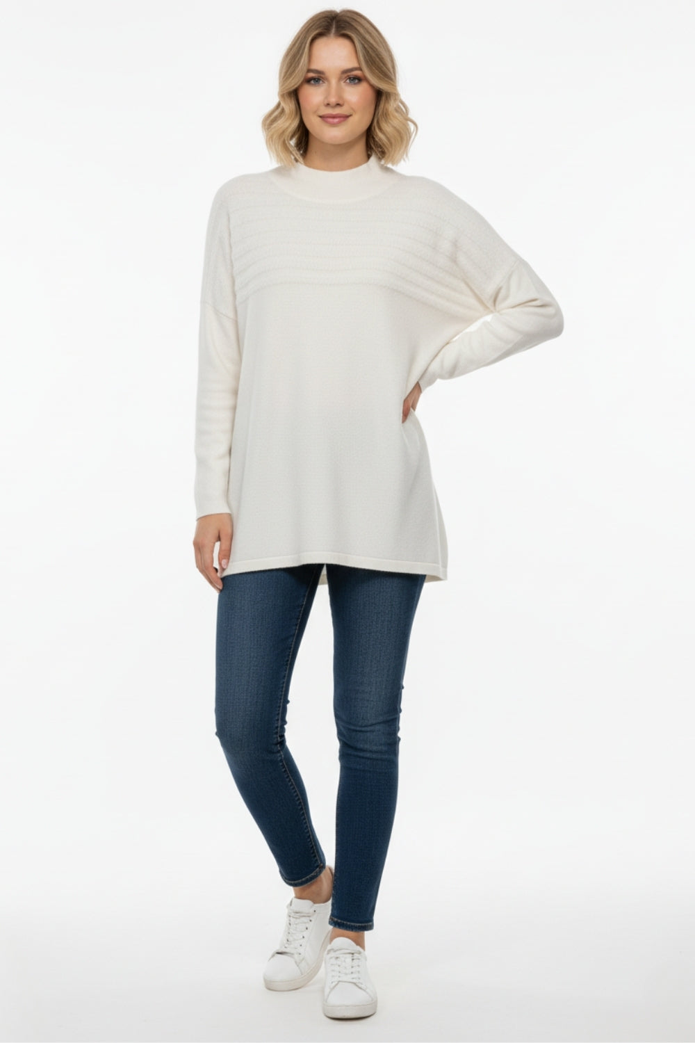 White Knit Sweater with Fluffy Stripe Detail