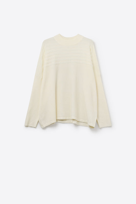 Beige Knit Sweater with Fluffy Stripe Detail
