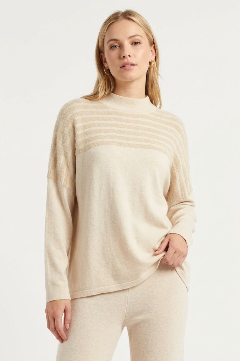 Beige Knit Sweater with Fluffy Stripe Detail