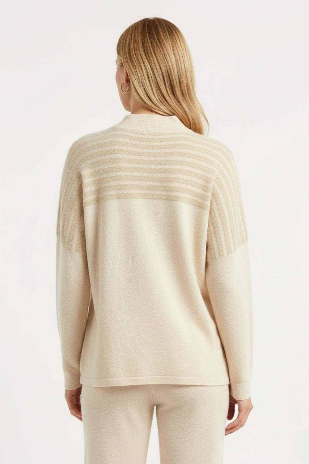 Beige Knit Sweater with Fluffy Stripe Detail