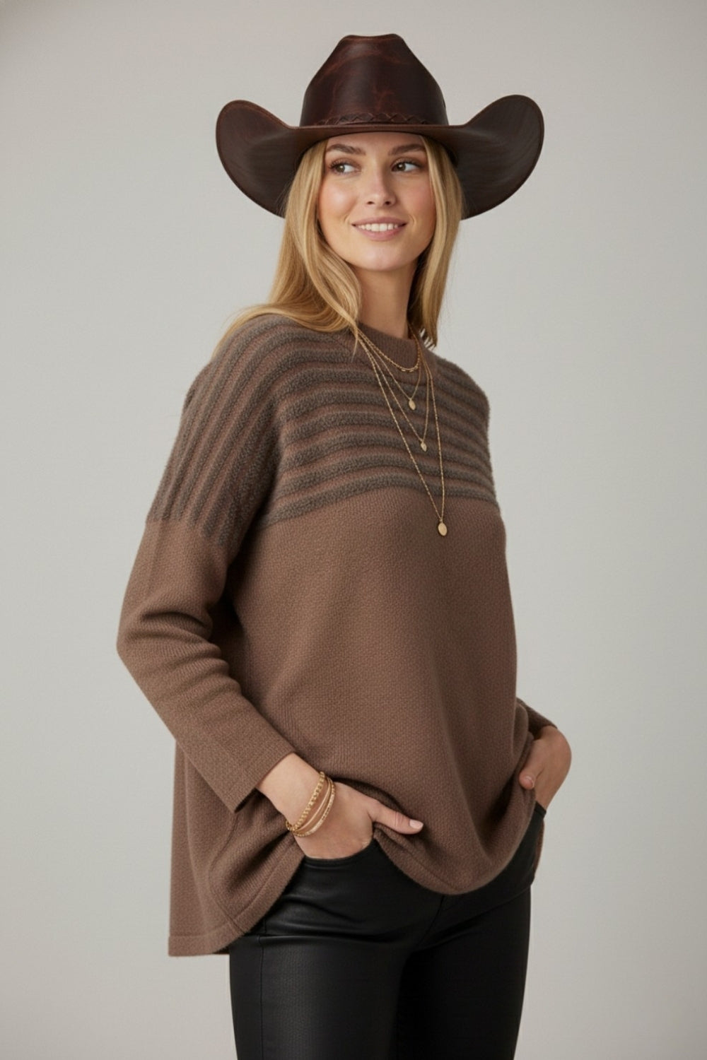 Brown Knit Sweater with Fluffy Stripe Detail