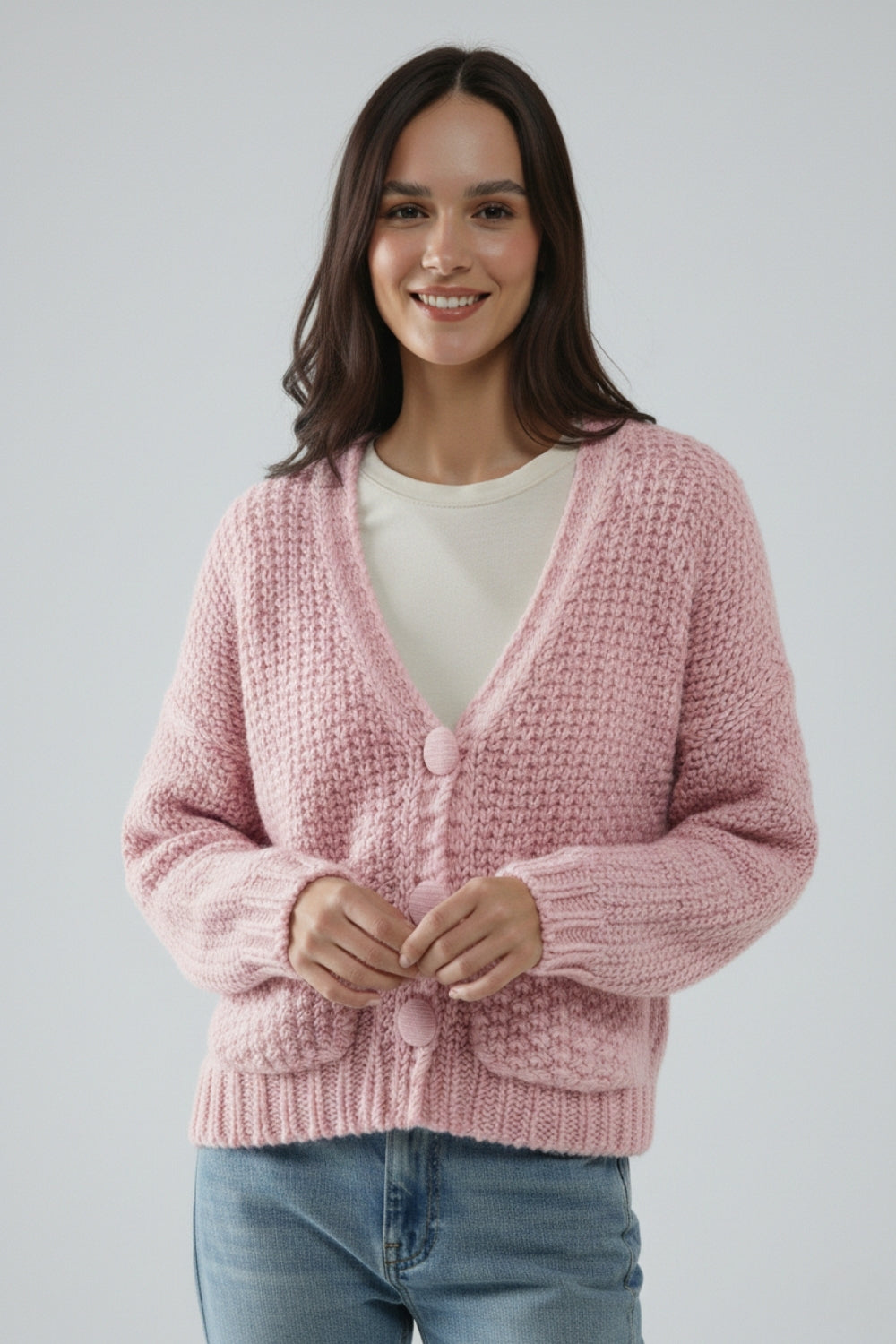 Oversized pink chunky knit jacket with pockets