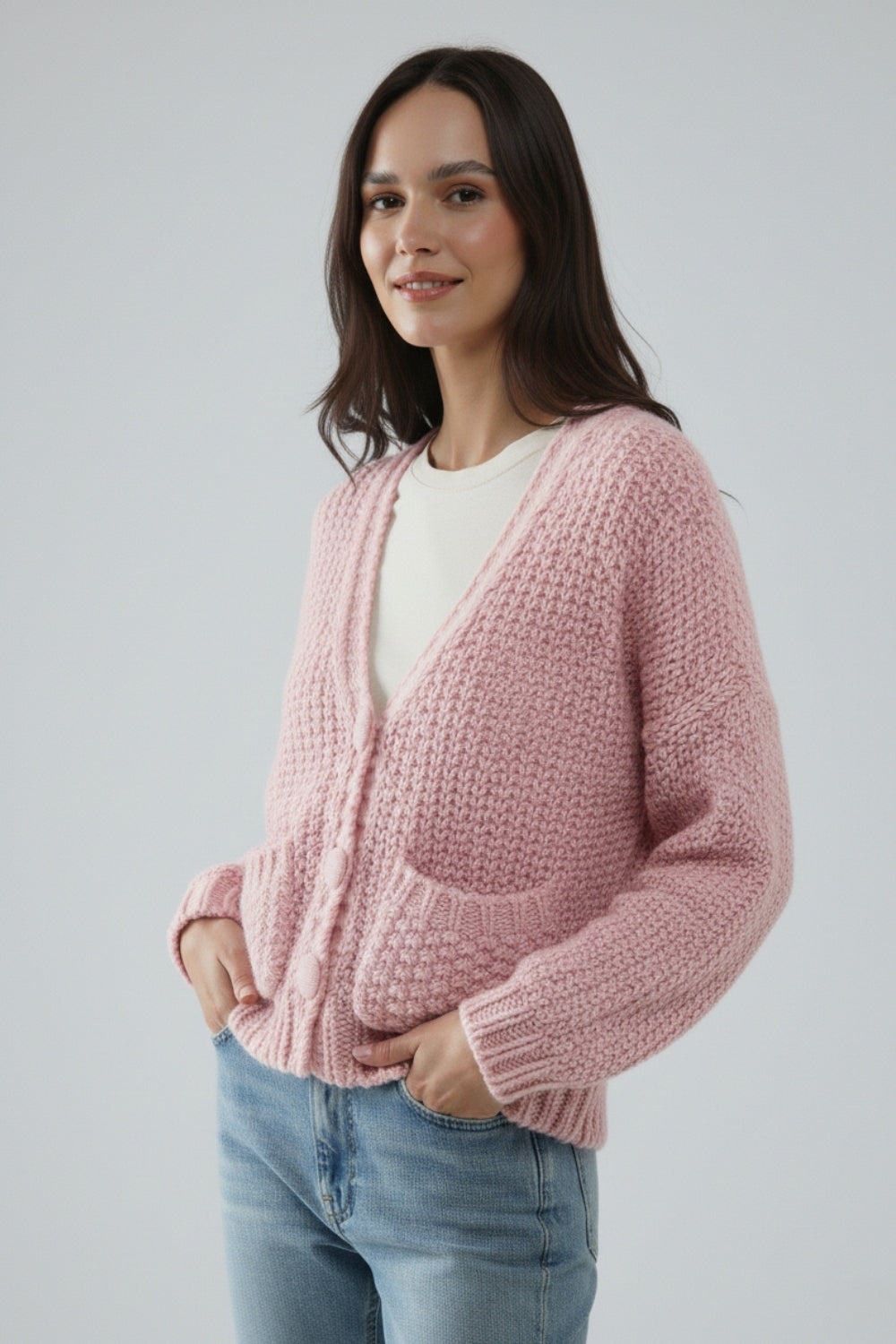 Oversized pink chunky knit jacket with pockets