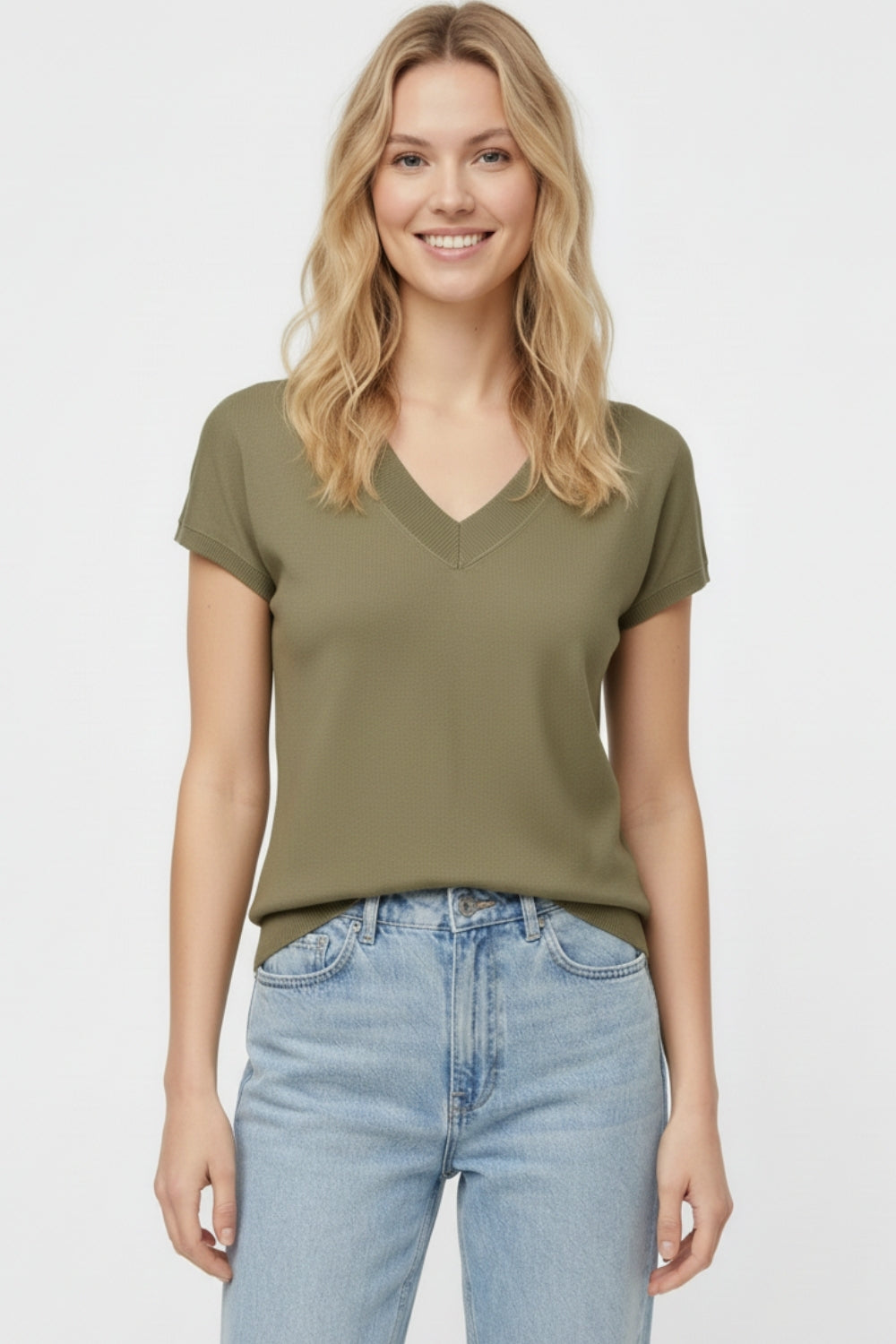 Khaki lightweight knit V-neck sweater with short sleeves - Jumpers