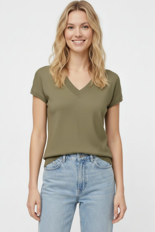 Khaki lightweight knit V-neck sweater with short sleeves - Jumpers