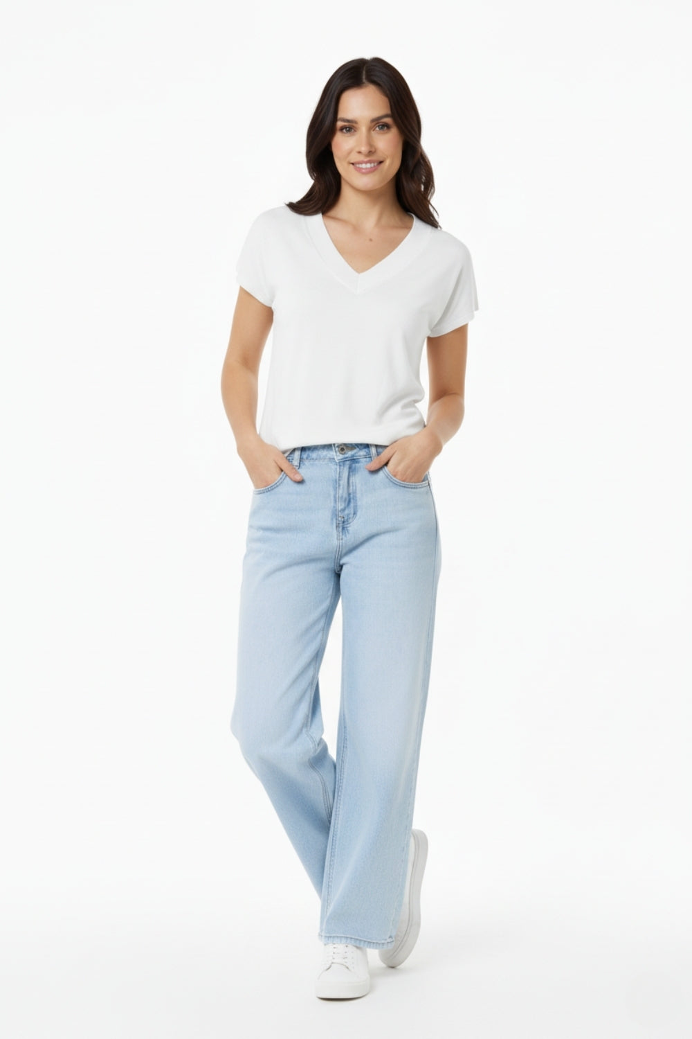 White lightweight knit V-neck sweater with short sleeves