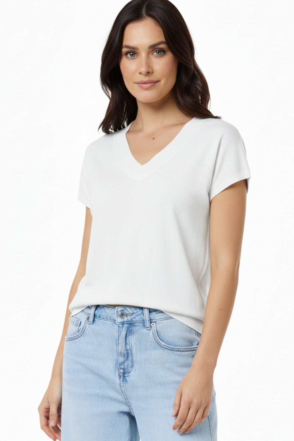 White lightweight knit V-neck sweater with short sleeves
