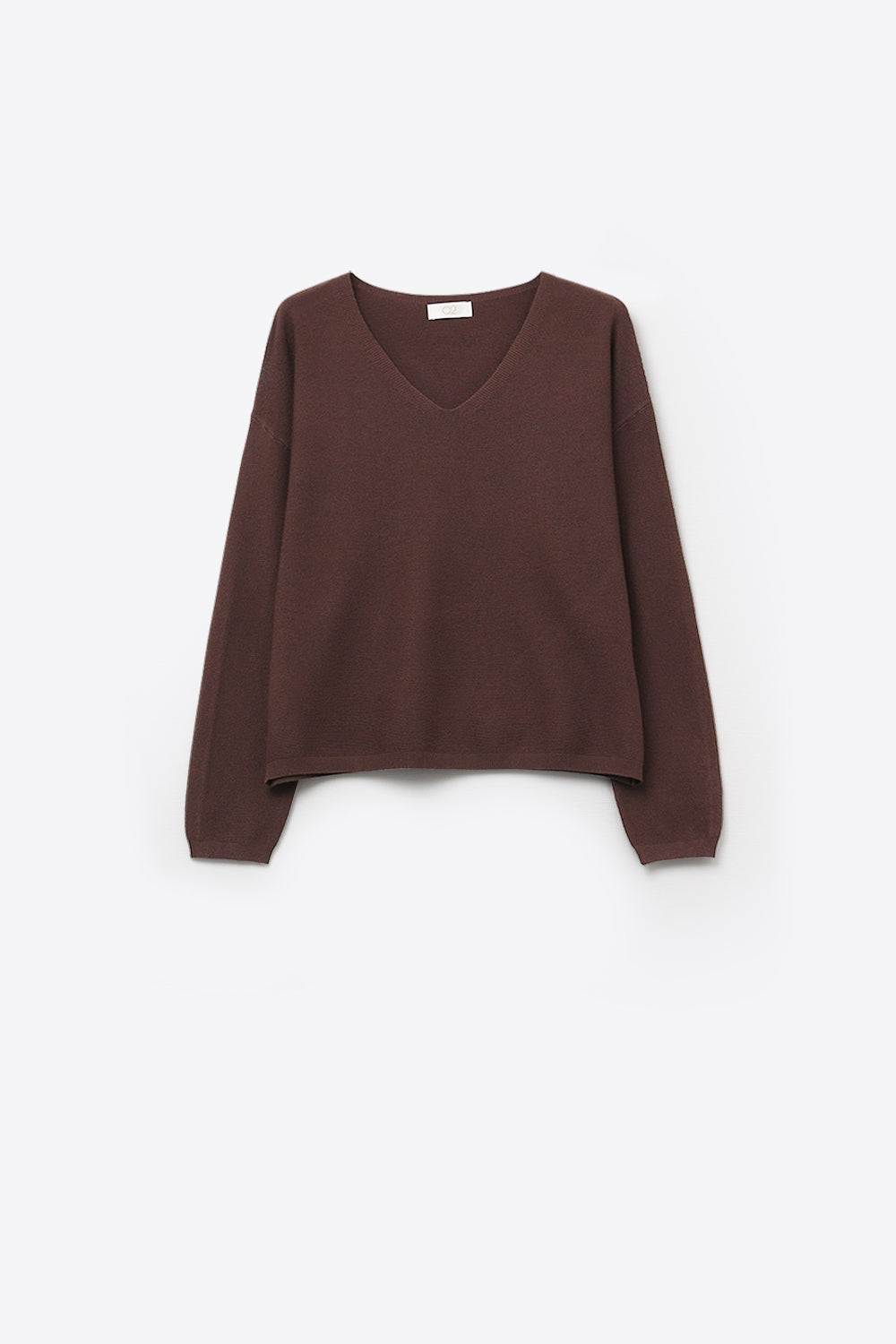 Brown Fine Knit V-Neck Sweater with Subtle Linear Texture
