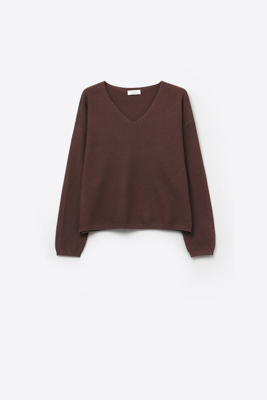 Brown Fine Knit V-Neck Sweater with Subtle Linear Texture
