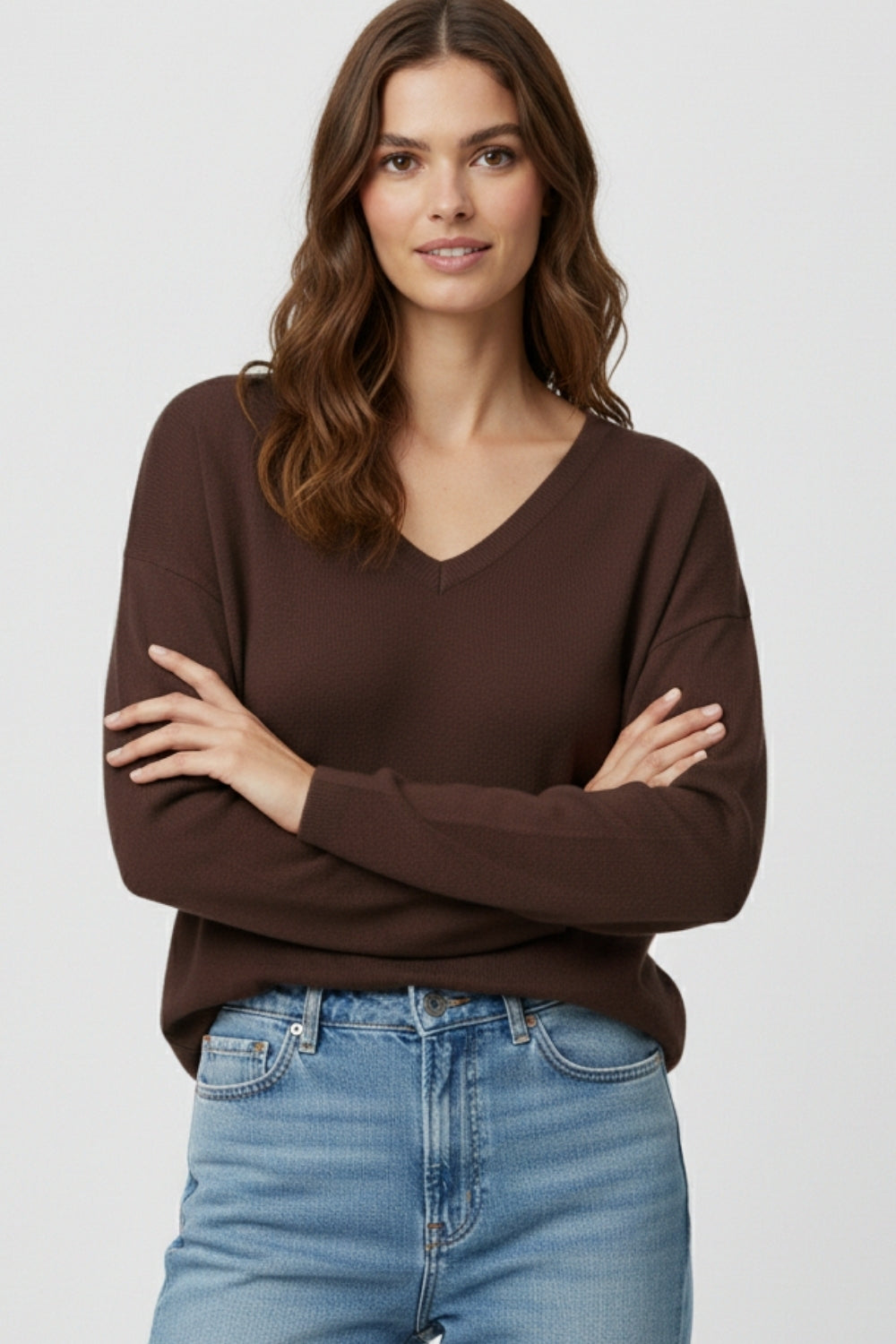 Brown Fine Knit V-Neck Sweater with Subtle Linear Texture