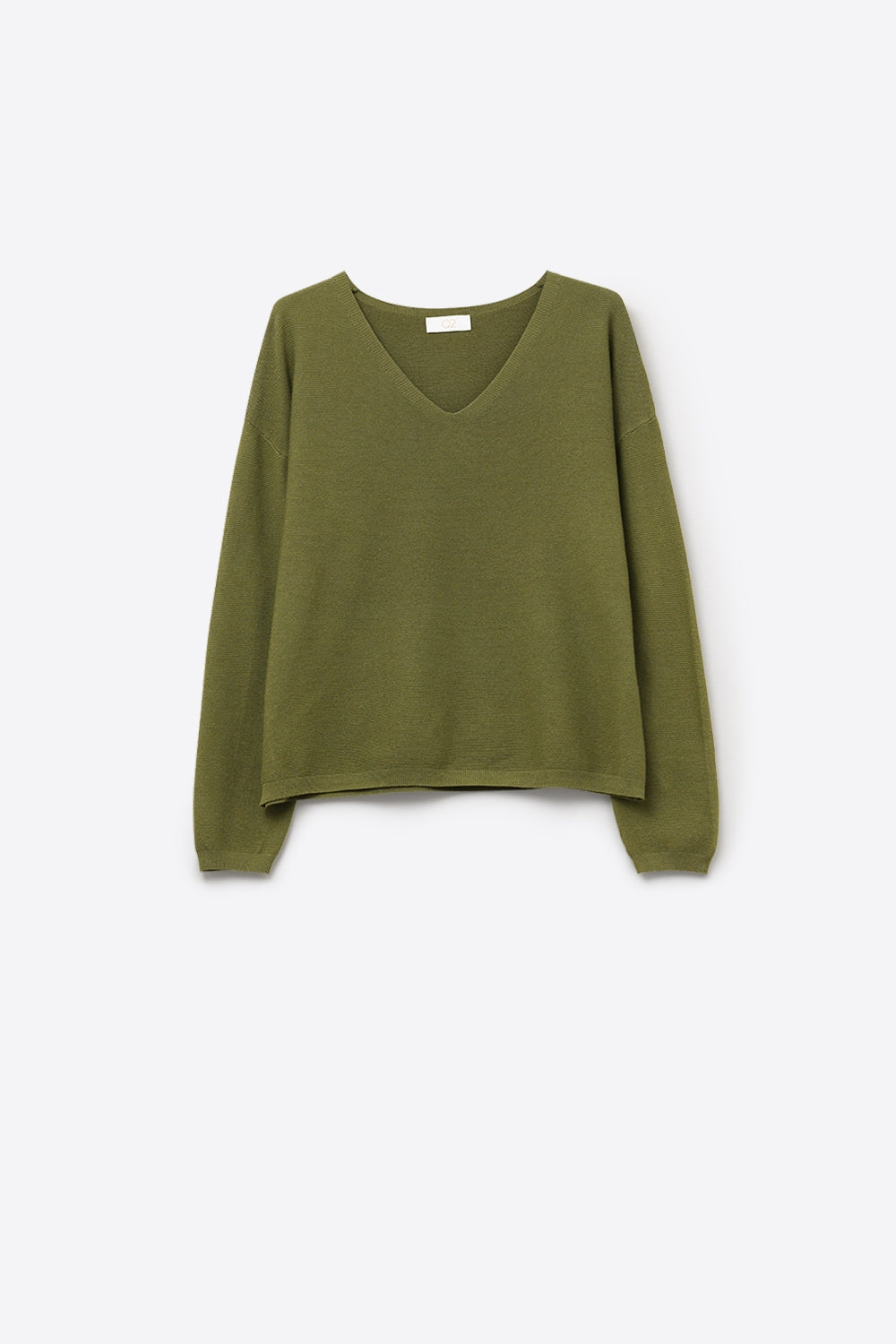khaki Fine Knit V-Neck Sweater with Subtle Linear Texture