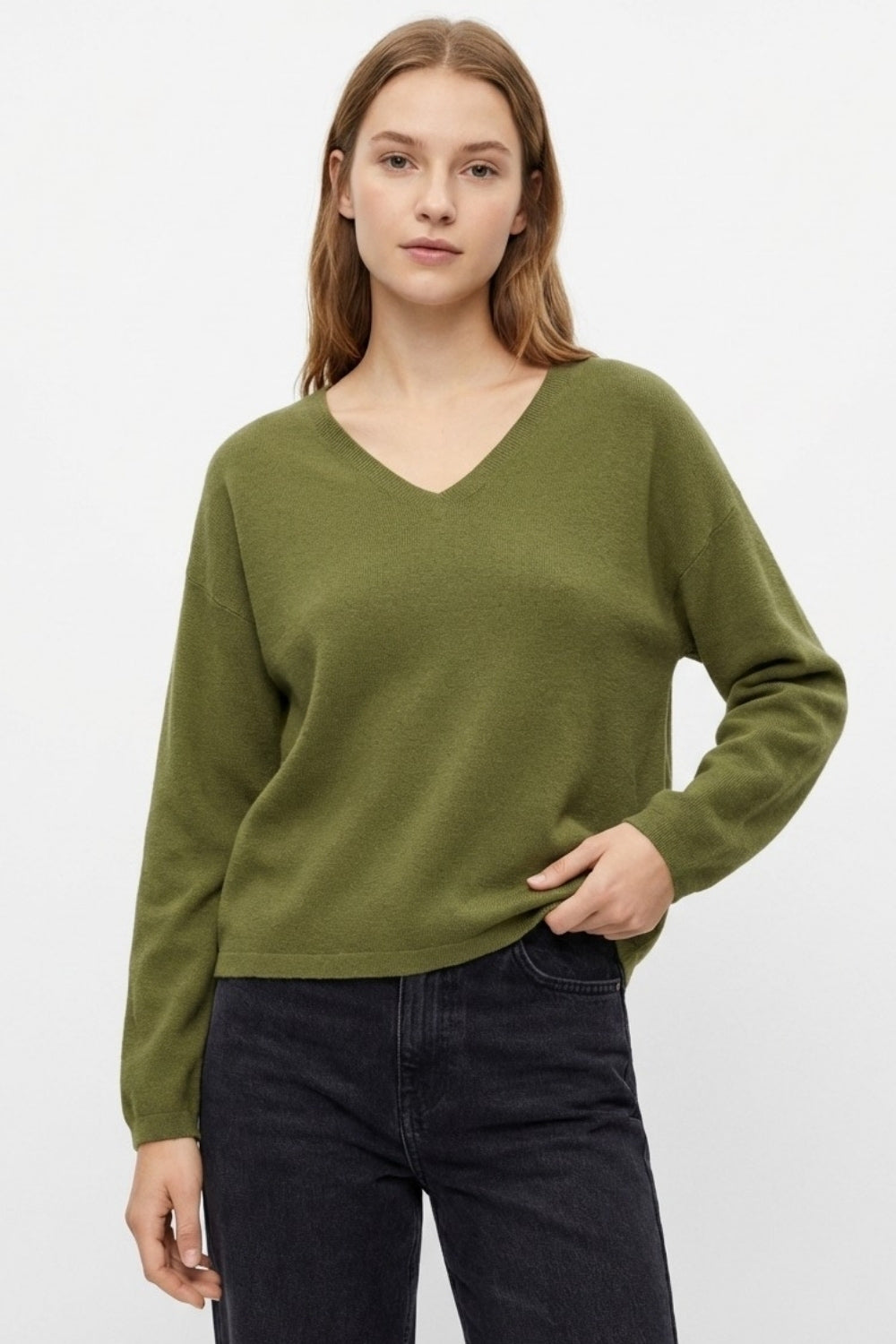 khaki Fine Knit V-Neck Sweater with Subtle Linear Texture