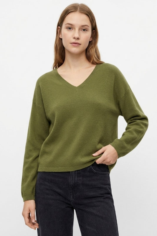 khaki Fine Knit V-Neck Sweater with Subtle Linear Texture