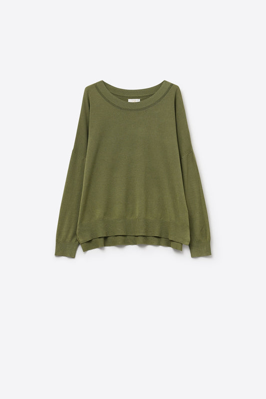 Khaki knit sweater with mesh collar detail