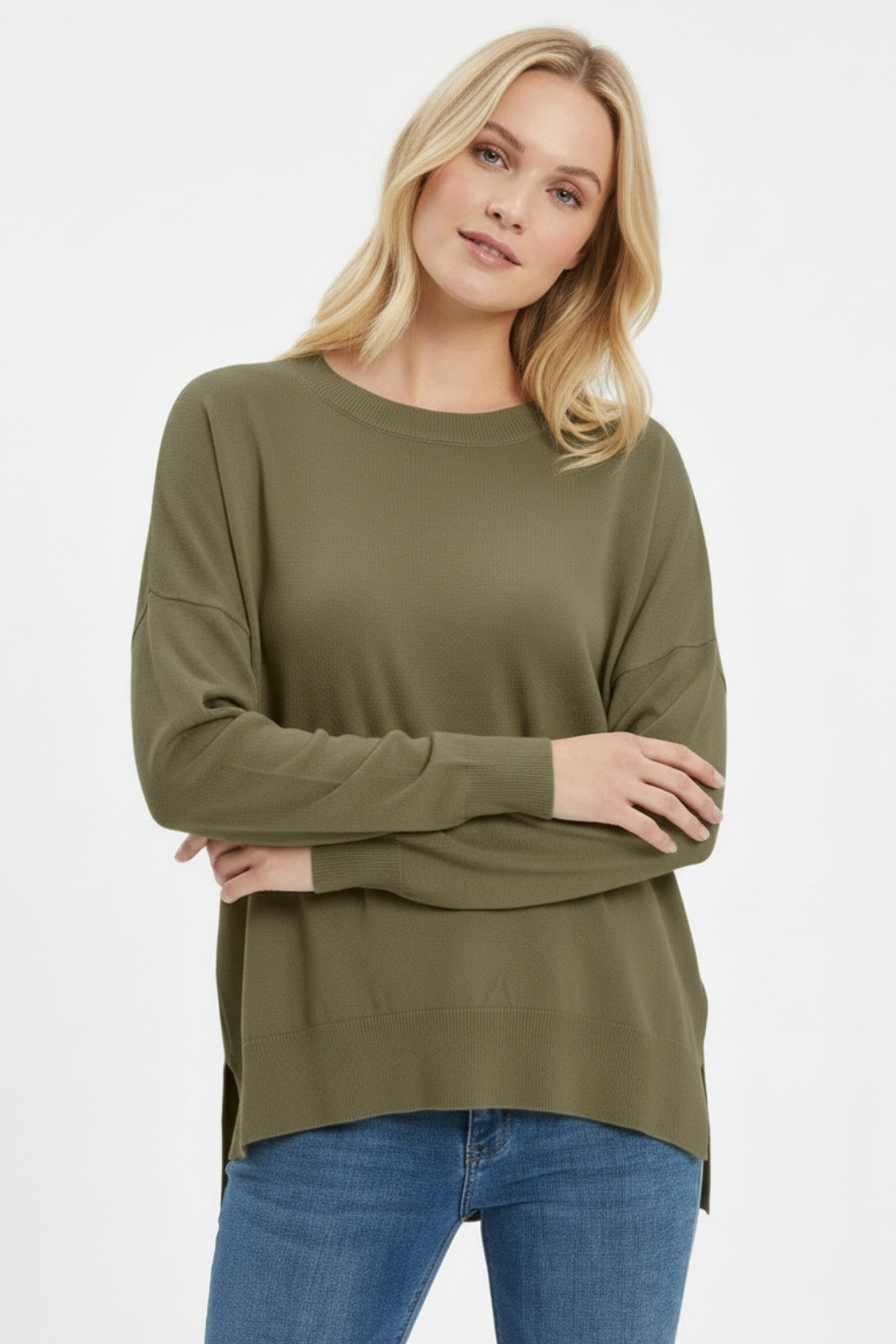 Khaki knit sweater with mesh collar detail