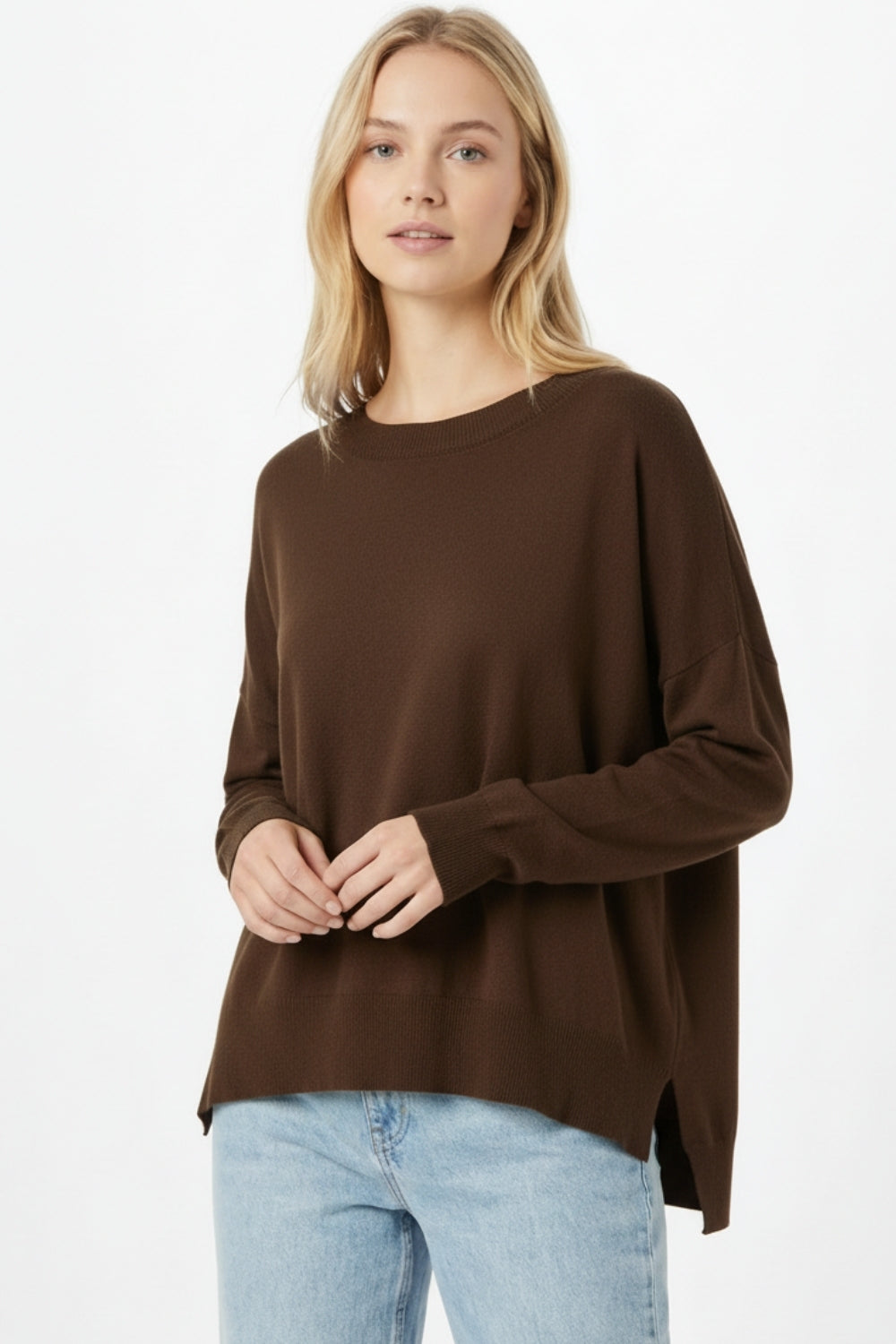 Brown knit sweater with mesh collar detail