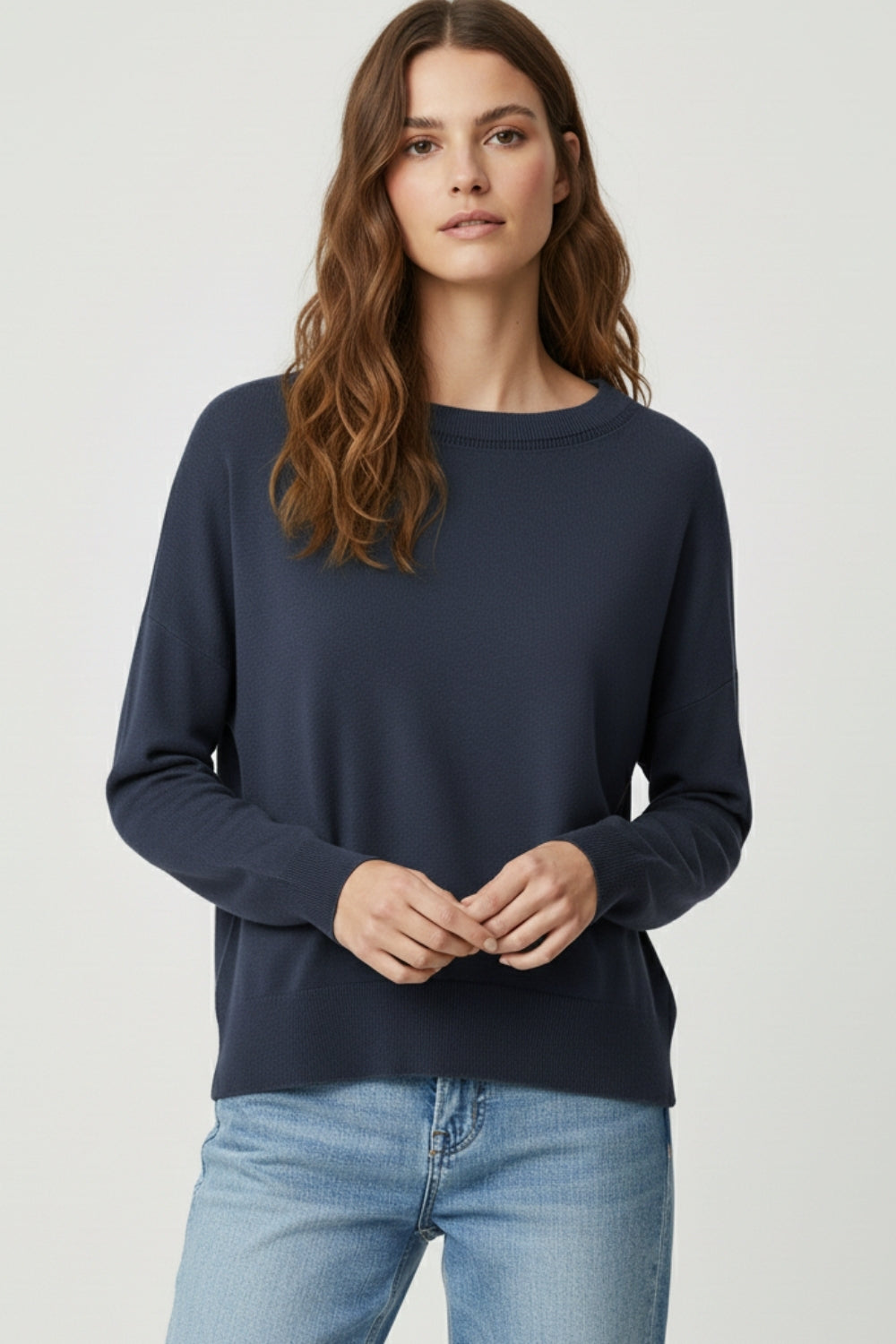 Navy knit sweater with mesh collar detail - Jumpers