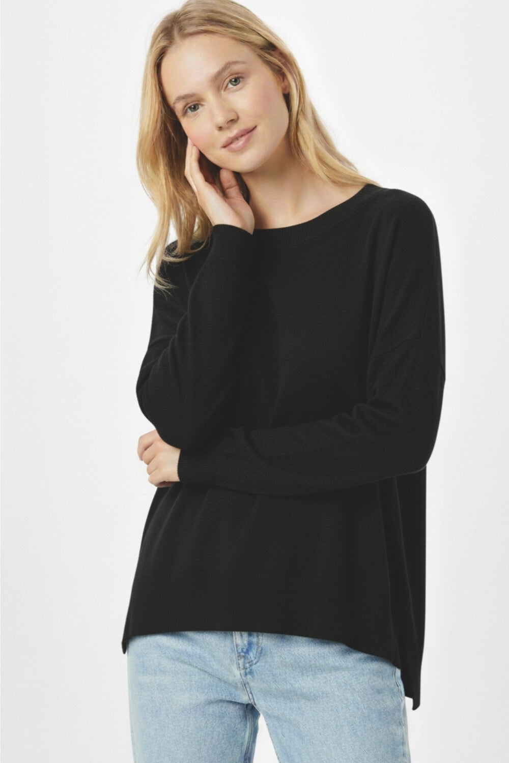 Black knit sweater with mesh collar detail