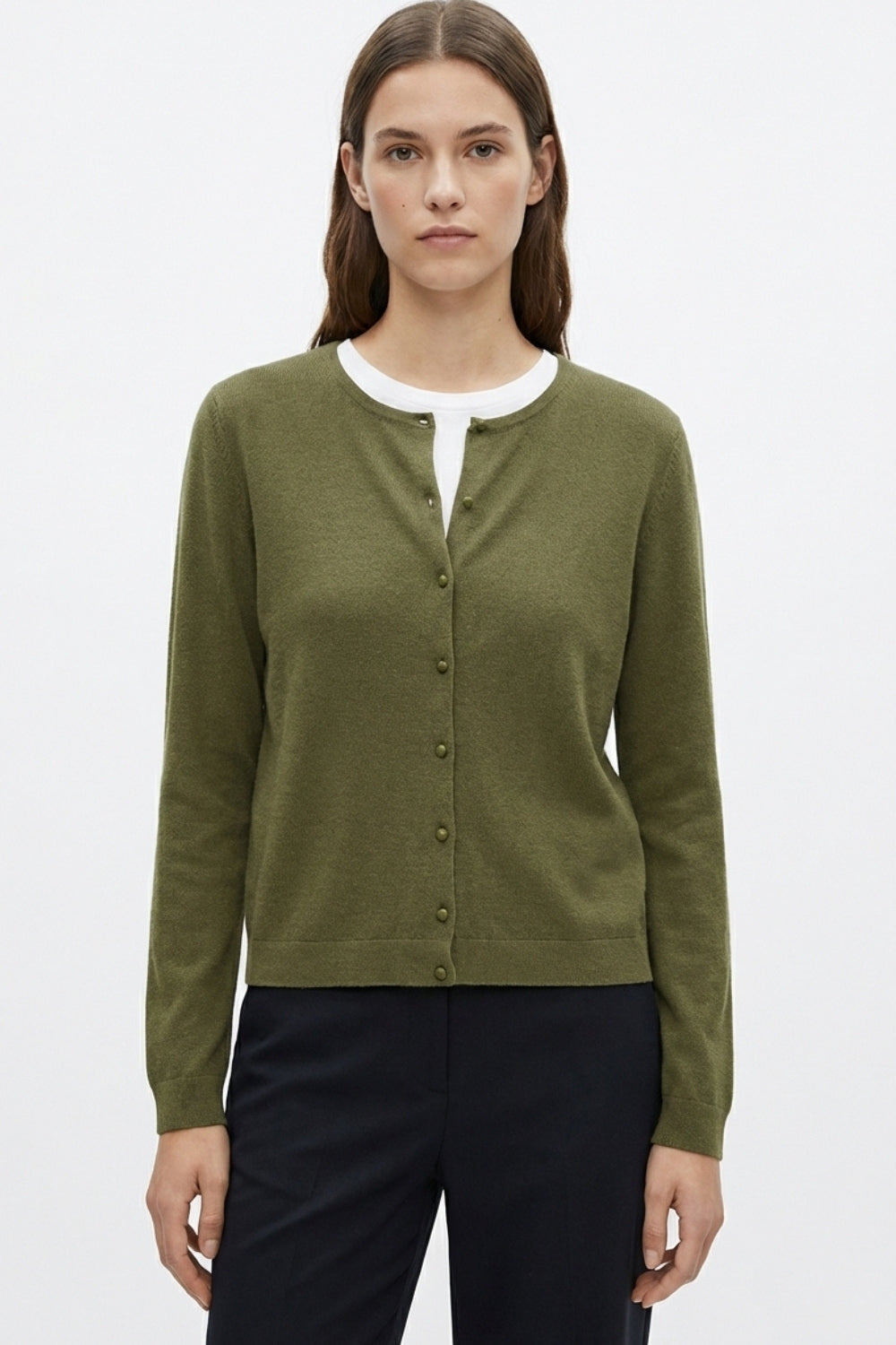 Khaki Ribbed Knit Cardigan with Mother-of-Pearl Buttons - Cardigans