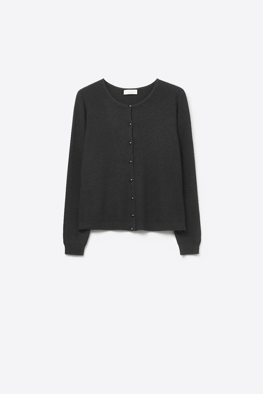 Black Ribbed Knit Cardigan with Mother-of-Pearl Buttons