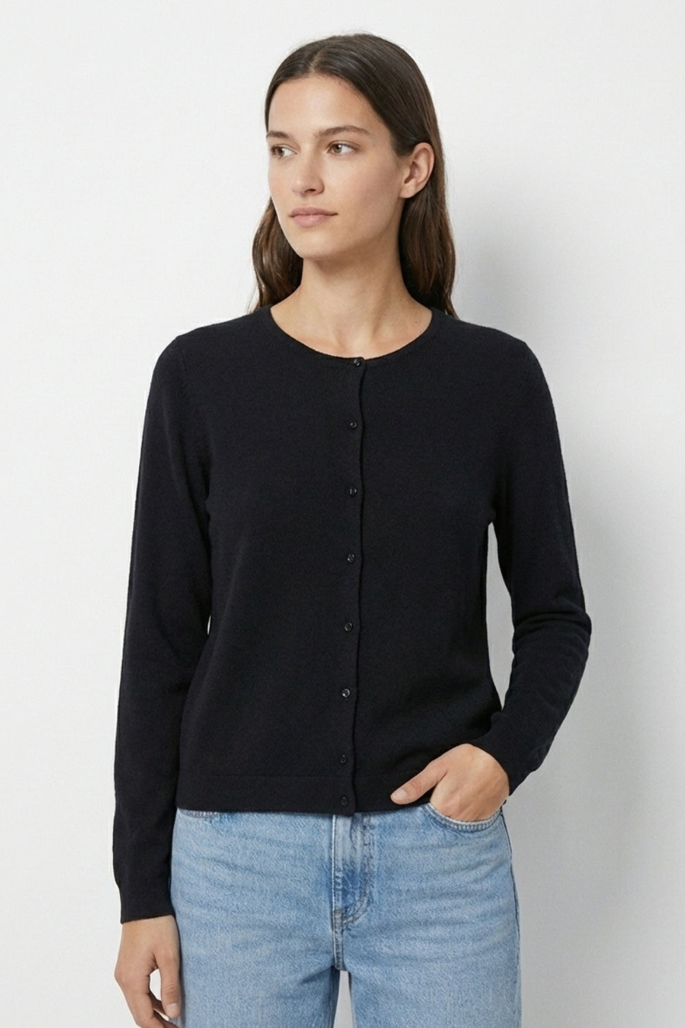 Black Ribbed Knit Cardigan with Mother-of-Pearl Buttons