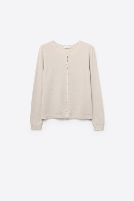 Beige Ribbed Knit Cardigan with Mother-of-Pearl Buttons - Cardigans