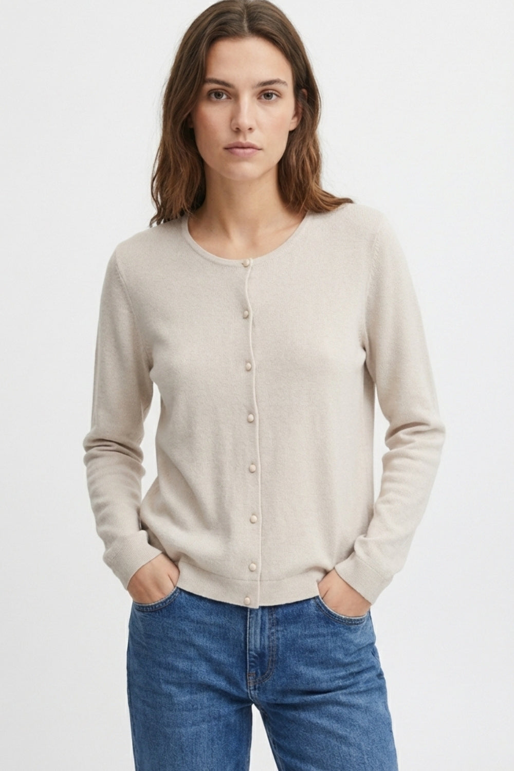 Beige Ribbed Knit Cardigan with Mother-of-Pearl Buttons - Cardigans