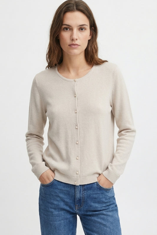 Beige Ribbed Knit Cardigan with Mother-of-Pearl Buttons - Cardigans