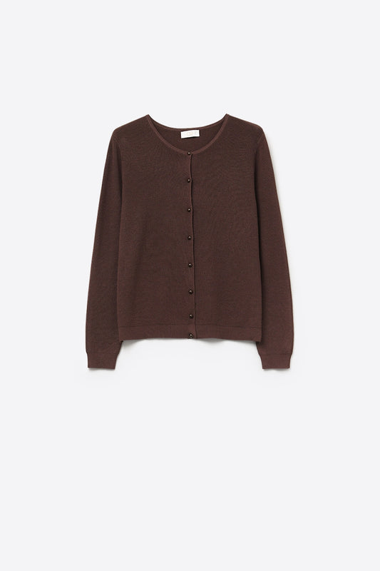 Brown Ribbed Knit Cardigan with Mother-of-Pearl Buttons