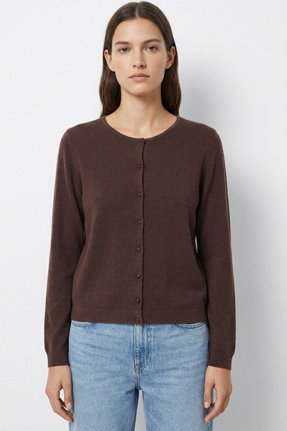 Brown Ribbed Knit Cardigan with Mother-of-Pearl Buttons