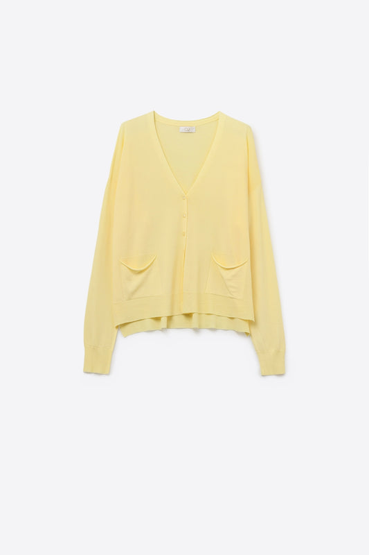 Fine Knit Cardigan with Front Pockets in Yellow