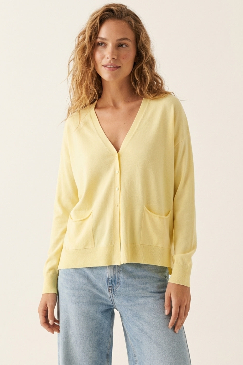 Fine Knit Cardigan with Front Pockets in Yellow