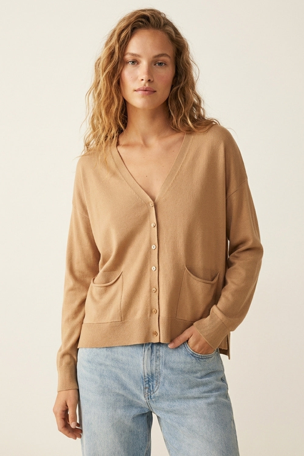 Fine Knit Cardigan with Front Pockets in Camel