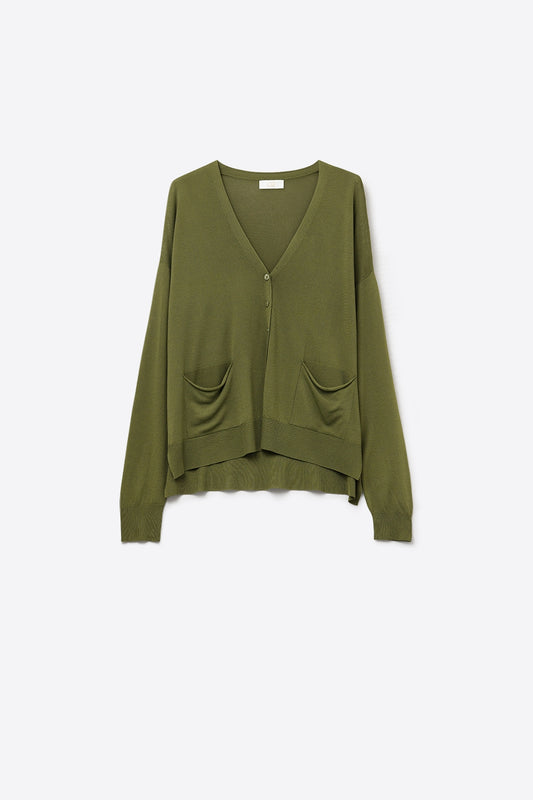 Fine Knit Cardigan with Front Pockets in khaki